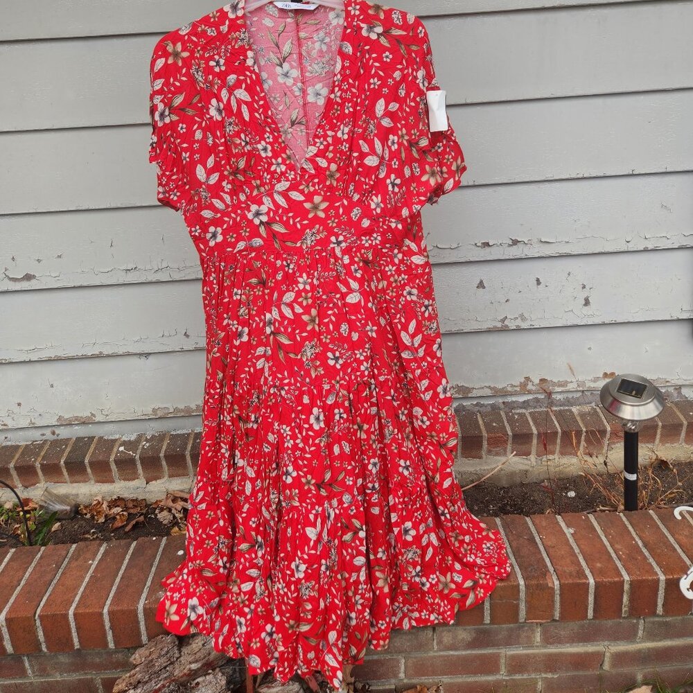 Zara fun, flouncy red floral midi dress gathered at bust, waist, mid calf - M